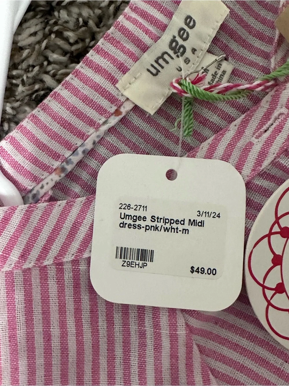Umgee women’s new with tag Pink and White Striped Button Front Dress size medium